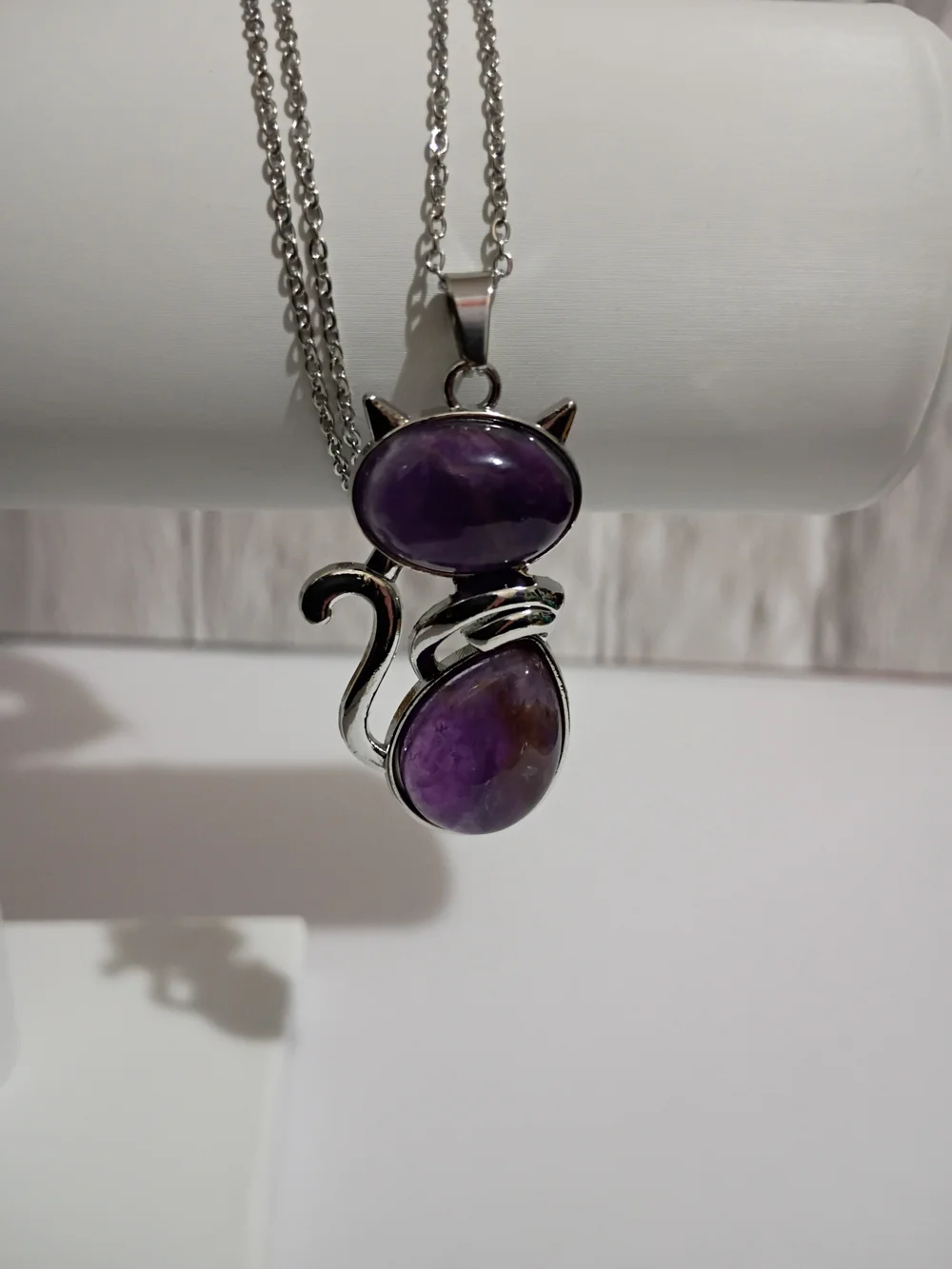 Amethyst Natural Crystal Gemstone Cat Pendant Necklace Stainless Steel 17-in